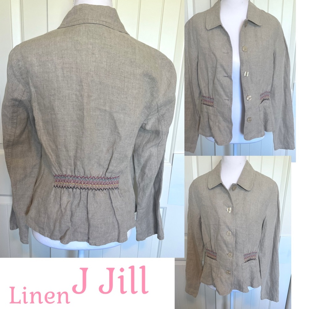 J. Jill Linen jacket with smocked multi colored embroidered waist line XS / S